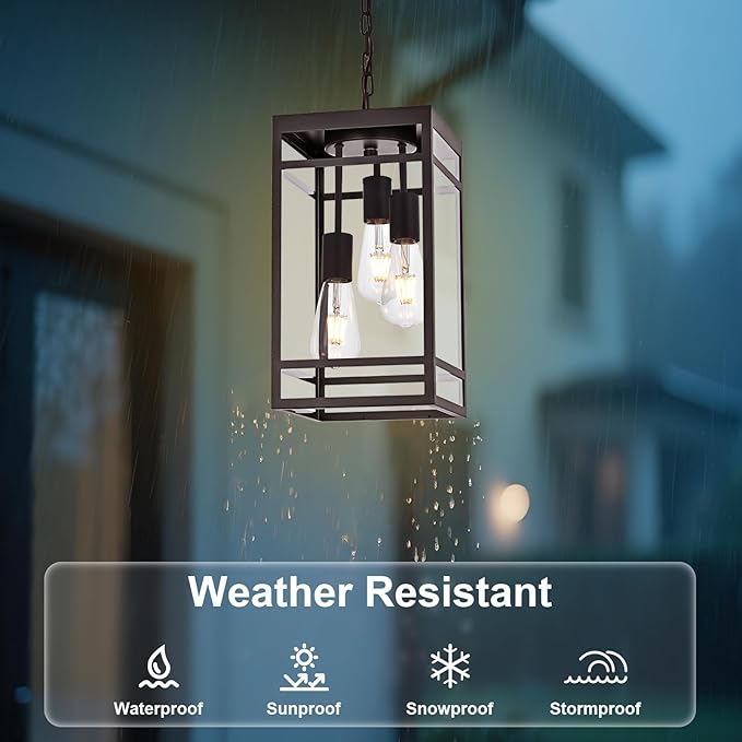 3-Light Outdoor Pendant Lights for Porch, Oil Rubbed Bronze Outdoor Chandelier 16'' Exterior Hanging Porch Light Fixtures w/Clear Glass, Waterproof Outside Pendant Lantern for Garage Foyer