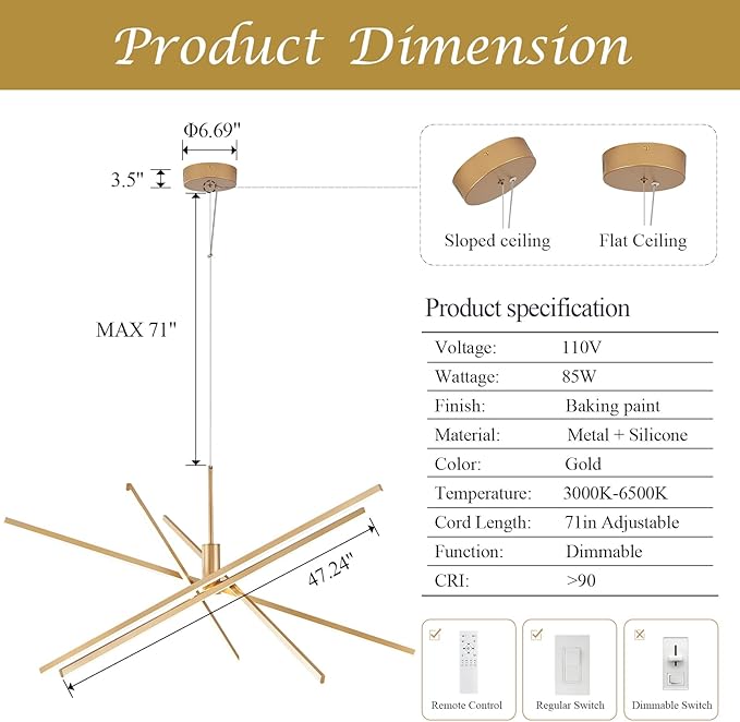 Gold Chandelier 47” Big High Ceiling Chandeliers Big Modern Remote Control Chandelier for Large Living Room Dining Room Foyer