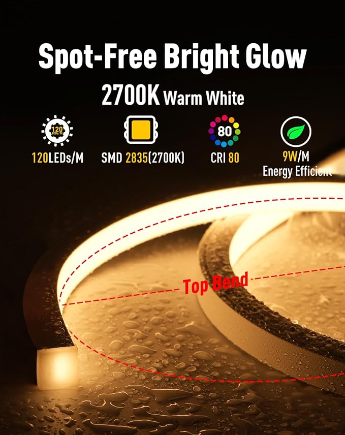 Shine Decor IP68 Waterproof LED Strip Light, 24V Pool Rated Submersible Silicone Neon, Underwater Outdoor LED Rope Light for Pool Fountain Waterfall Bathtub, 16x16mm, Warm White, 13.12FT