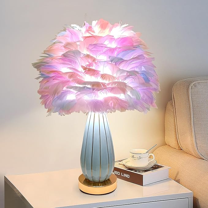 Colorful Feather Lamp Modern Feather Table Lamp Romantic Rainbow Bedside Lamp Nordic Fluffy Princess Nightstand Light for Girl Bedroom Living Room Entry Office Wedding Atmosphere