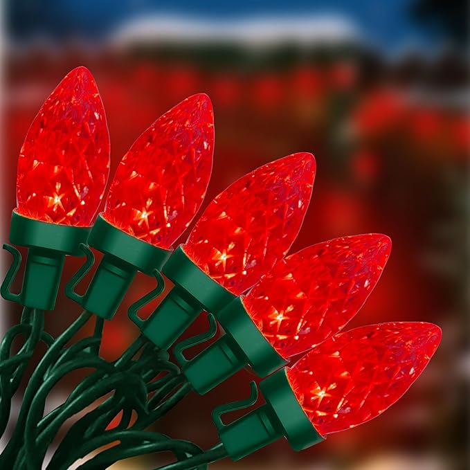C7 LED Red Christmas Lights Outdoor, 26Ft Outdoor Xmas Decorations String Lights Waterproof with 50 C7 Strawberry Red Bulbs, Plug in Vintage Christmas Lights for Indoor Roofline Backyary House Garden