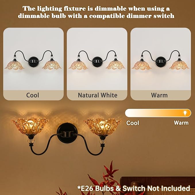 Black Bathroom Vanity Light, 2-Light Vanity Light with Floral Amber Glass Shades,Vintage Farmhouse Wall Mount Lighting for Bathroom, Dressing Table