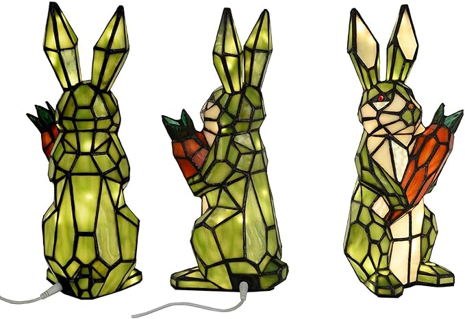 Bieye L10948 Rabbit Holds Carrot Tiffany Style Stained Glass Accent Table Lamp for Home Decor (Green)