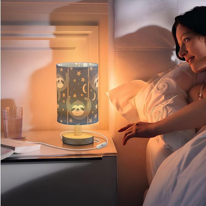 Cute Sloth Picking Stars Navy Blue Bedside Table Lamps with USB Port for Bedroom Lamp Accent Table Lamp Small Nightstand Lamp Sturdy Linen Shade Wooden Decorative Lamps for Kids|Reading|Dorm|Home