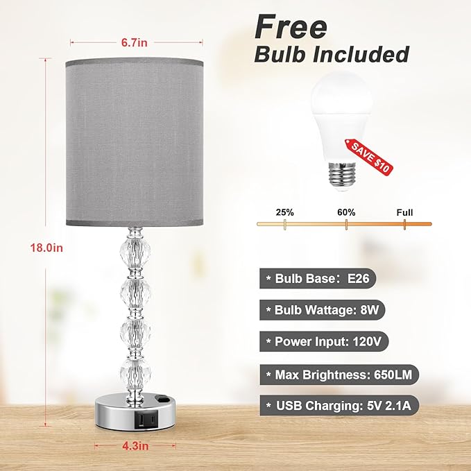 Acaxin Touch Bedside Crystal Lamps for Bedrooms Nightstand with USB C+A Charging Port and AC Outlet White, 3 Way Dimmable Silver Large End Side Table Lamp for Living/Dinning Room/Kitchen/Bedroom