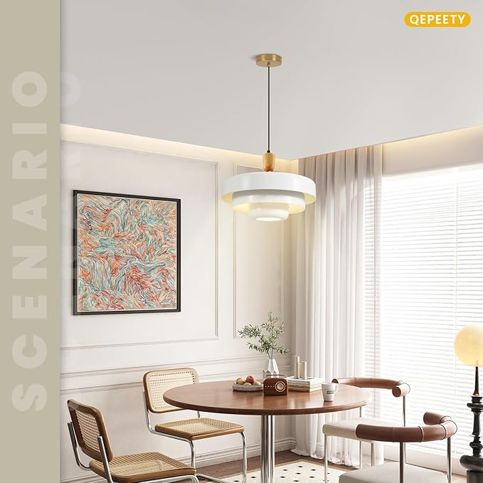 Mid Century Pendant Light with Wood & Brass, 3-Layer White Metal Shade, Nordic Flush Mount Ceiling Lamp for Kitchen Table Over Sink, Vintage Hanging Fixture
