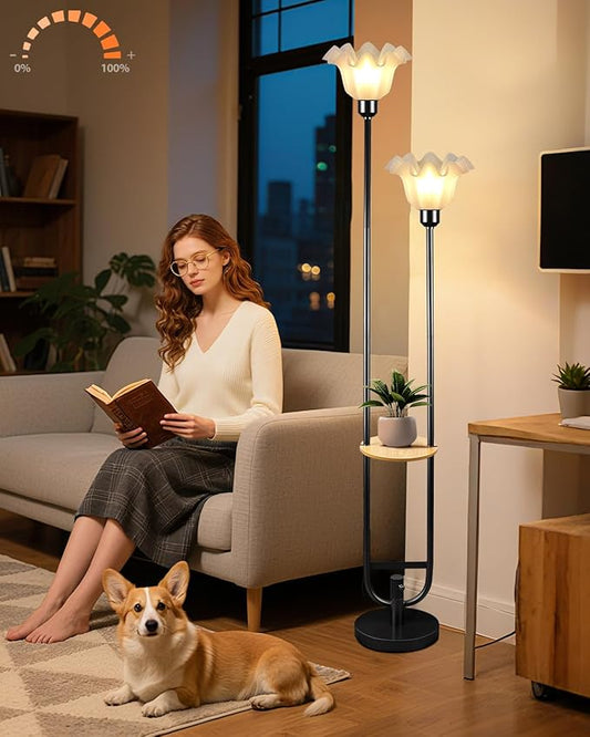 Dimmable Flower Floor Lamps with Table, 2-Lights Floral Floor Lamp, 3000K Warmwhite Candle Holder Style Modern Floor Lamp, Rustic Black Standing Lamp for Living Room Bedroom