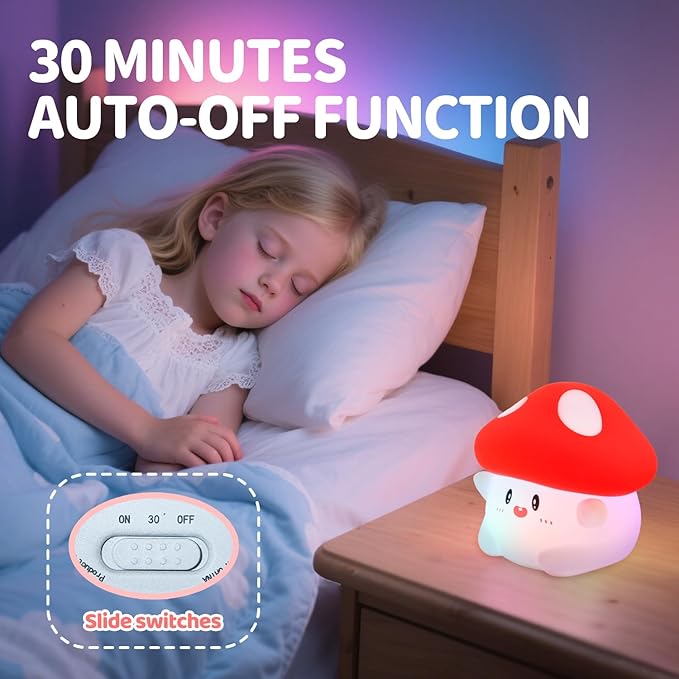 Mushroom Night Light, Color Changing & 50-Hour Battery, Squishy Lamp with Pat Control for Kids Room Decor, USB Rechargeable, Easter Gifts