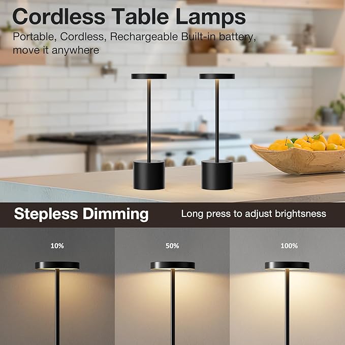Black Cordless Table Lamp, 4000mAh Rechargeable Battery Powered Lamps, 3 Color Stepless Dimming, LED Wireless Outdoor Lamps for Dining Room, Bedroom, Bar, Cafe, Restaurant, Patio, Camping, Set of 2