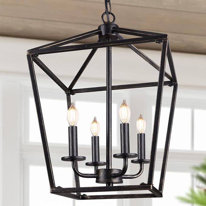 Farmhouse Chandelier 4-Light, Black & Gold Pendant Light Fixture for Kitchen Island Dining Room, Lantern Industrial Lighting Ceiling Hanging with Metal Cage Adjustable Height for Entryway Foyer