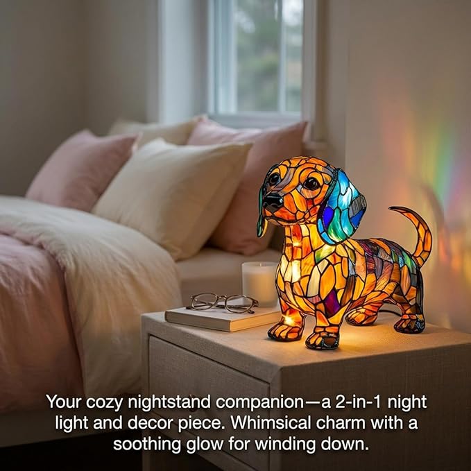 Rainbow Puppy Lamp Stained Glass Dog Night Light 3D Retro Stained Resin Rainbow Pup Lights Charge Powered Table Lamp Puppy Glow Lamps for Home Bedroom Desk (Dog-B)