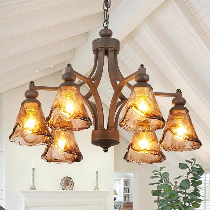 Vintage Farmhouse Chandelier, 27 Inch Adjustable Amber Glass Rust-Finish Metal Pendant Light Fixture for Living Room, Bedroom, Dining Room, Kitchen Lighting (6-Light)