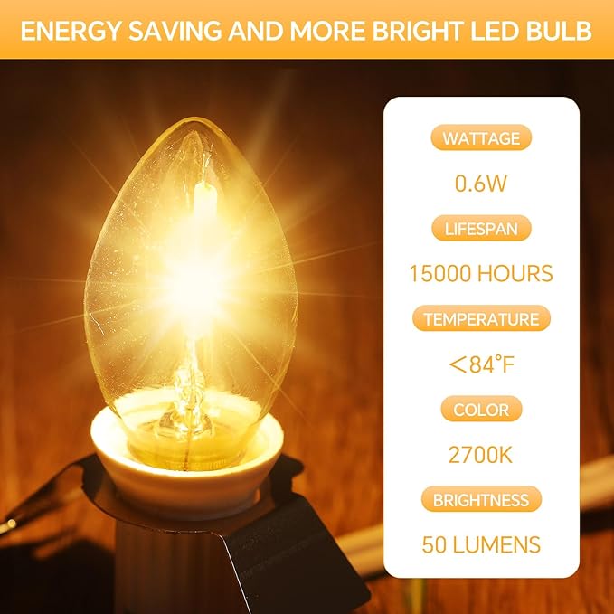 Leelosp 1 Pack Accessory Cord with 20 LED Light Bulbs 36.1 FT Lamp White Cord C7 Bulb String Lights Adjustable Brightness End-to-End Connectable Switch for Christmas Village
