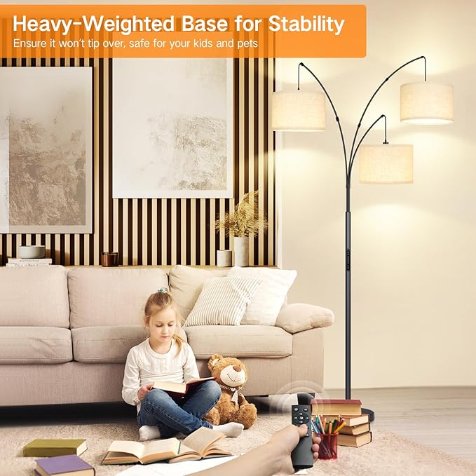 OUTON Arc LED Floor Lamp with Remote & Touch Control, Dimmable Modern Black 3 Light Arched Tall Floor Lamp, Mid Century Adjustable Standing Corner Lamps for Bedroom, Office, Living Room