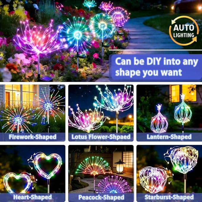Solar Firework Lights for Outside, 8 Modes RGB Color Changing Fireworks Solar Fairy Light Outdoor for Garden Yard Patio Pathway Wedding Christmas Diwali Easter Party Decor Multicolor(8 Pack)
