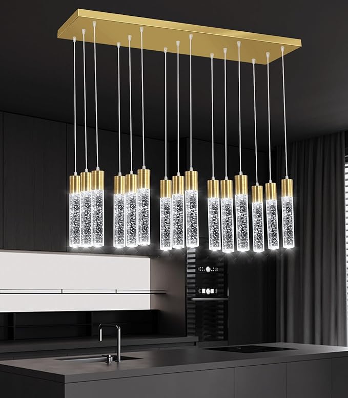 15-Lights Modern LED Pendant Lighting Fixture for Kitchen Island Crystal Chandelier Light Fixtures for Dining Room Living Room Gold