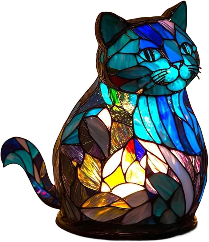 Mmoneyake Cute Animal Table Lamp Series, Stained Glass Lamp - Cat/Wolf/Horse/Owl/Dolphin/Turtle/Dragon Table Lamp Night Light, Stained Animal Night Light, Small Table Lamp for Bedroom Home Decoration
