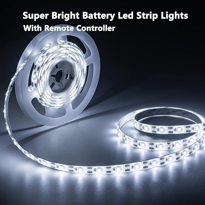 Battery Operated LED Strip Lights with Remote Daylight White, Timer, Dimmable, Waterproof, 13.2ft 240 LED Light Strip Suitable for Stairs, Wardrobe, Kitchen, Bedroom, Party, 2 Pack of 6.6ft.