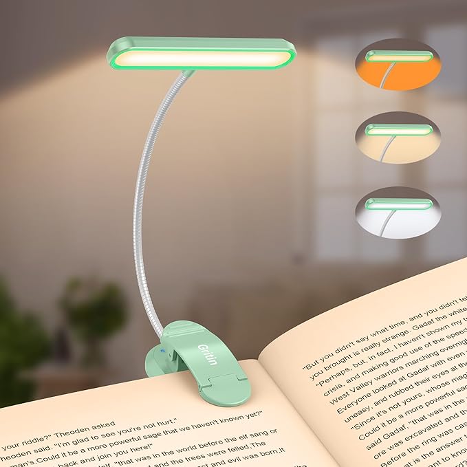 Gritin Rechargeable Book Light for Reading in Bed with 19 LED &Memory Function-Eye Caring 3 Color Temperatures,5 Brightness Levels,90 Hrs Runtime Flexible Goose Neck Clip on Light-Cyan