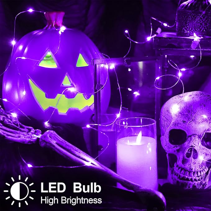YAOZHOU Halloween Christmas Decorations Purple Fairy String Lights Indoor, Battery Operated with Timer, 2Pack Total 33FT 100 Led Mini Battery Powered Mason Jar Waterproof Firefly Lights DIY Party