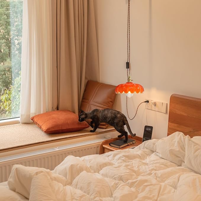 Plug in Pendant Light: Hanging Light Plug in Orange Glass Hanging Lamp, Pendant Lighting for Kitchen Island, Bedroom, Dining Room, Living Room, E26 No Bulb