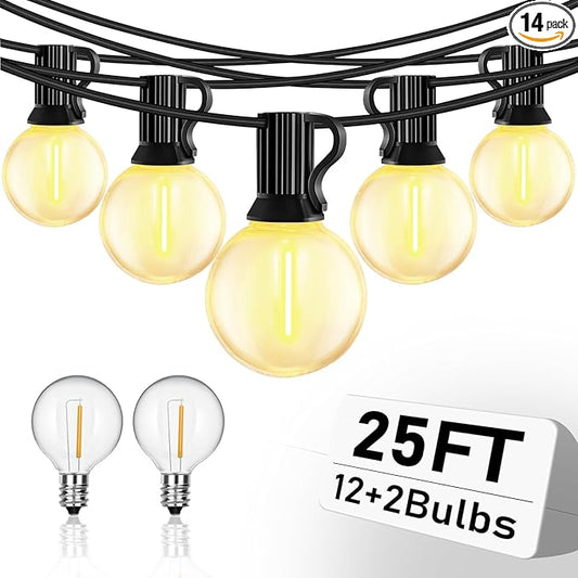 Abeja 25Ft LED Outdoor String Light, G40 Globe LED Patio Lights with 14 Edison Plastic Bulbs(2 Spare)，Waterproof Connectable Hanging Lights for Backyard Porch Balcony Party Decor, Black