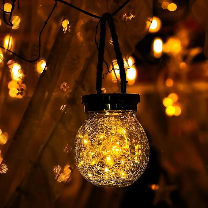Cooo Christmas Gifts 4 Pack Solar Lanterns Outdoor Waterproof Heavy Crackle Glass 30 LED Warm Firefly Lights Stainless Steel Lid 215% Solar for Women Mom Grandma Outdoor Table Lamps Garden Yard Decor