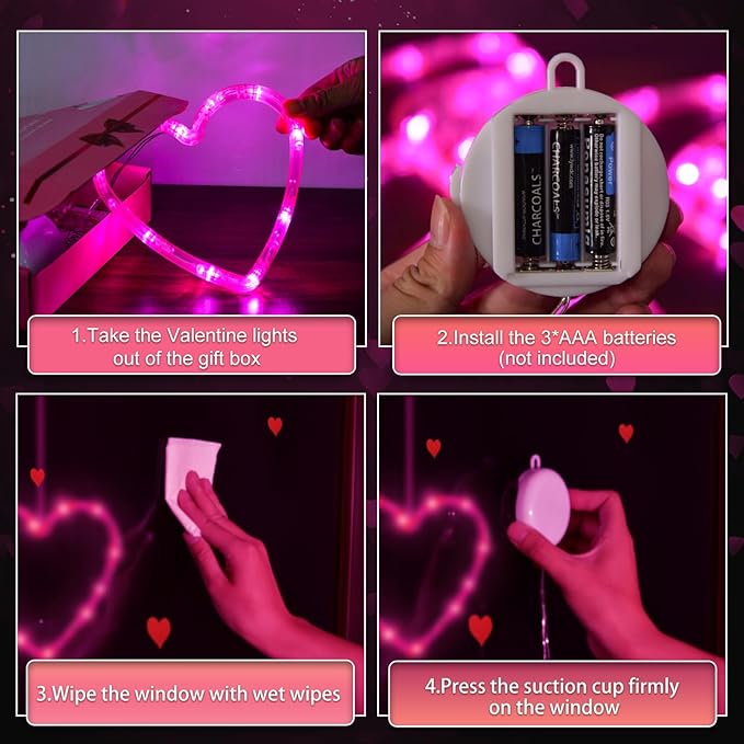 3 Pack Valentines Day Window Lights Decorations with Timer, Battery Powered Hanging Pink Lighted Heart Shaped Sucker LED Lamp for Fireplace Indoor Home Decor