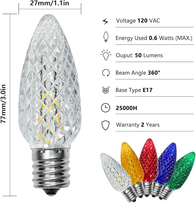 50 Pack C9 Led Replacement Light Bulbs Christmas, C9 Shatterproof Led Bulbs for Christmas String Lights, E17 Candelabra Base, Commercial Grade Dimmable Holiday Bulbs, Multicolor
