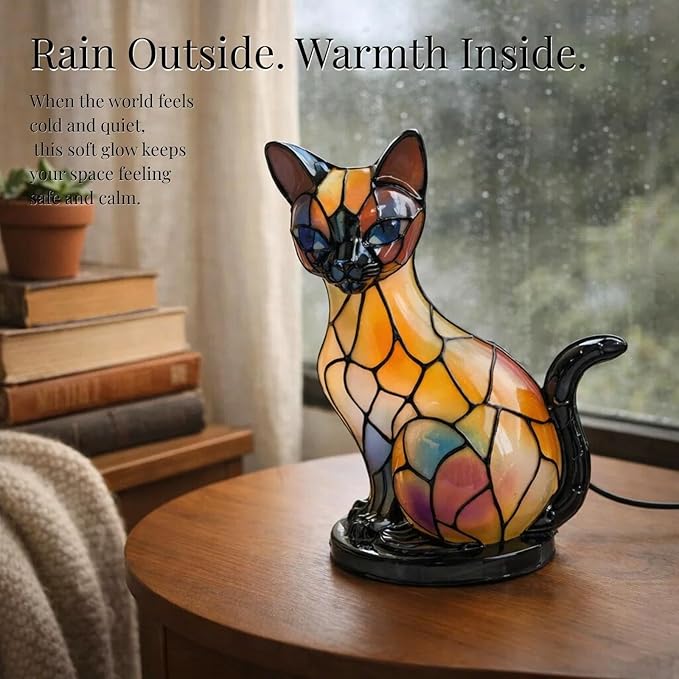 Cat Lamp, Stained Glass Cat Lamp, Decorative Resin LED Night Light for Cat Lovers, USB Vintage 3D Table Lamp Cozy Glow for Desk & Mantel – Fun Gift for Pet Owners (Siamese Cat A)