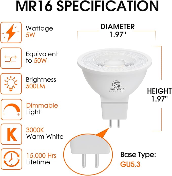 Energetic Dimmable MR16 5W 12V LED Light Bulb, 50W Halogen Equivalent, CRI 90+, GU5.3 Bi-Pin Base, 40 Degree Beam Angle, 3000K Warm White, 500LM, for Landscape, Recessed, Track Lighting, 24Pack