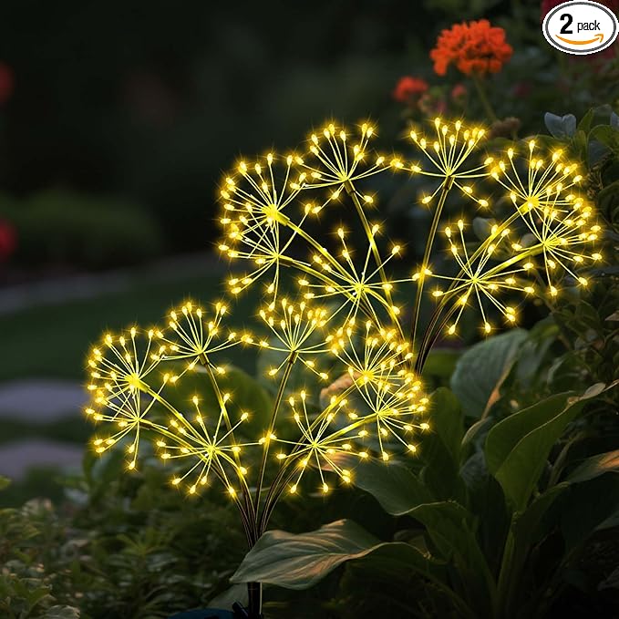 Solar Firework Lights Outdoor, 2 Pack Fairy Lights 160LED with 8 Modes, Warm White Solar Garden Lights for Yard Pathway Lawn Patio Landscape Decor (2pcs Flower Lanterns)