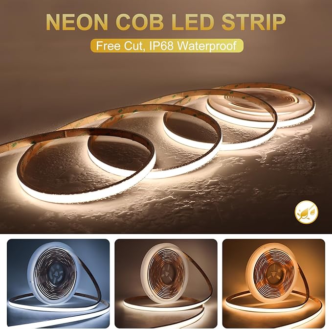 Free Cuttable COB LED Neon Strip Light Waterproof IP68, 12V 16.4ft 6000K Silicone Flexible DIY LED Tape Light for Outdoor Bathroom Swimming Pool Decoration (Without Power Supply)