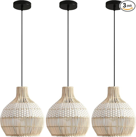 3 Pack Rattan Pendant Light Fixture Mini Hand-Woven White Rattan Chandelie,11Inch Boho Wicker Hanging Lamp for Dining Living Bedroom Kitchen Farmhouse
