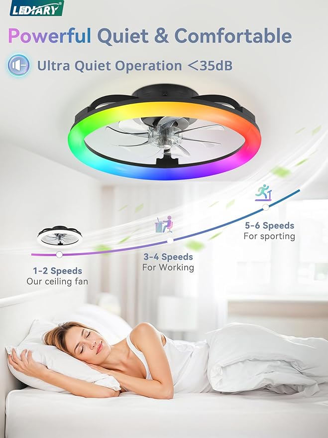 LEDIARY RGB Low Profile Ceiling Fans with Lights and Remote, 20 Inch Dimmable Modern Fan Light(3000K-6000K), 6 Speed, Reversible, APP & Remote Control, Flush Mount Ceiling Fan for Bedroom, Black
