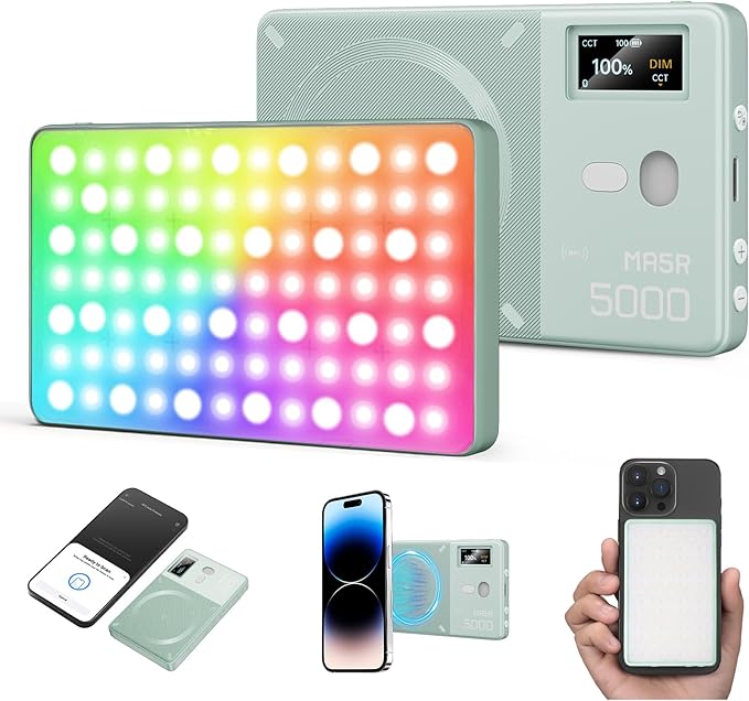 GODOX MA5R LED Fill Light with Soft Diffuser Magnetic Charging Phone Selfie Lighting Mini on Camera Lights 1800K-10000K 14 FX Modes for Selfies, YouTube, TikTok, Vlogging, Video Conferences (Green)
