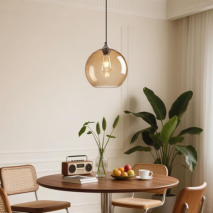 Light Brown Glass Pendant Lights Kitchen Island Globe Pendant Light Fixtures Modern Pendant Lighting for Bedroom Living Dining Room Light Fixture (9.84 in, 2 Pack)