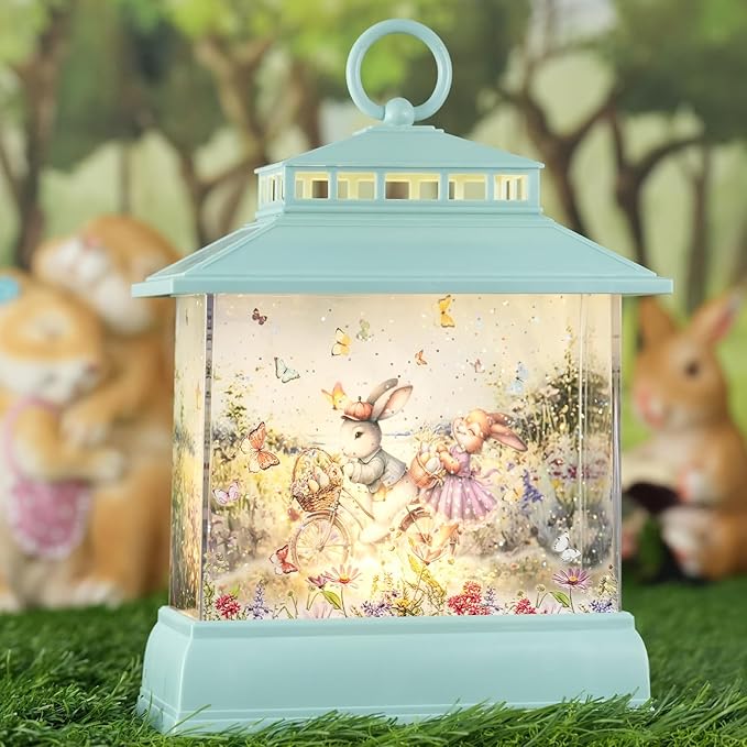 Easter Snow Globe Lantern Easter Decorations for The Home, Light up Easter Bunny Egg Decor with Timer, Glitter Spring Decorations Gift Holiday Table Top Decor