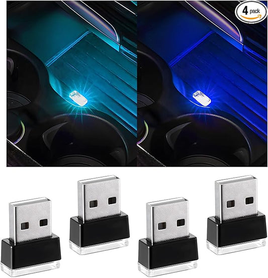 4 PCS USB LED Car Interior Atmosphere Lamp, Portable Plug-in 5V USB Car LED Interior Lighting Night Lamp, Mini USB Ambient Lighting Decor for Home Car Laptop Keyboard (Blue+Ice Blue)