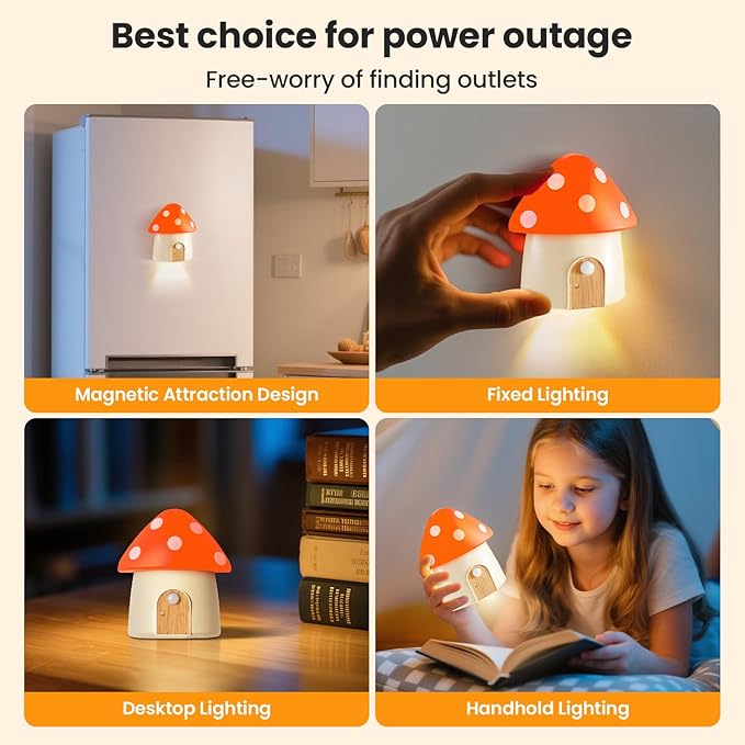 Cute Mushroom Lamp, Rechargeable Stair Lights, Motion Sensor Light Indoor, 3 Color Temperatures, Adjustable Brightness, Magnetic Nightlight for Hallway, Kitchen, Kids Gift, Orange
