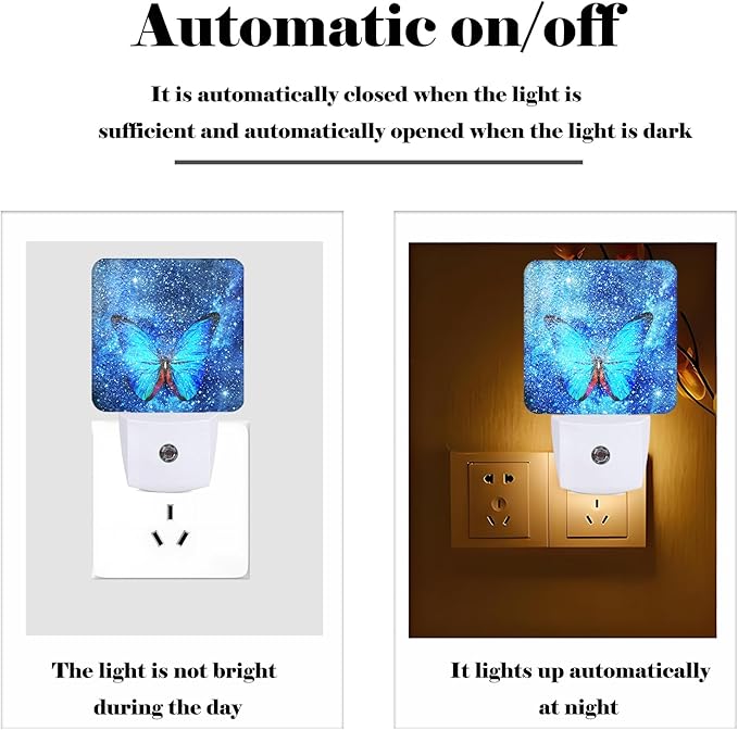 Stars Shining and Blue Butterflies Night Light,Plug-in Night Lights with Dusk-to-Dawn Sensor for Stairway,Hallway,Bedroom Sleep Friendly Ideal for Women/Girls/Boys Gift,0.5w