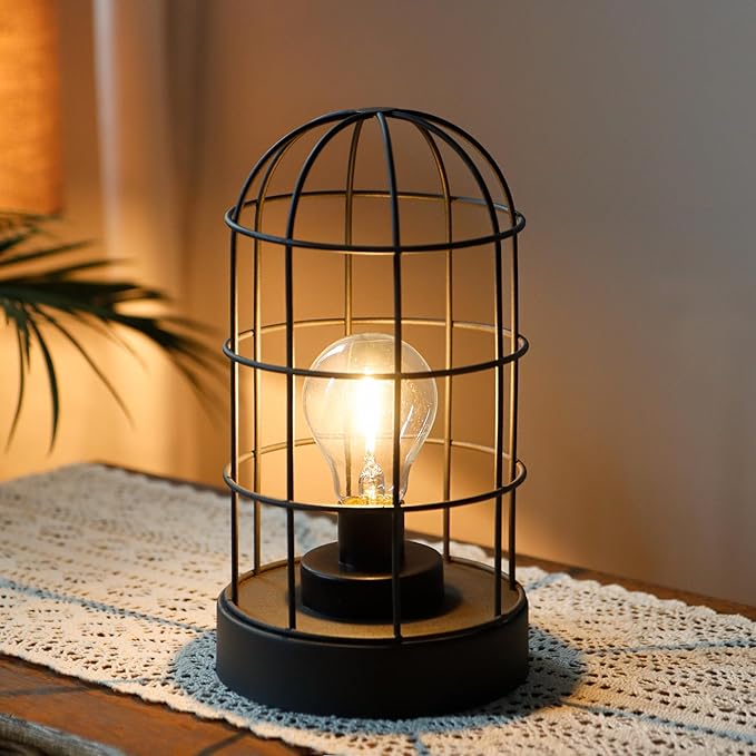 JHY DESIGN Vintage Battery Operated Lamp 10''H Decorative Table Lamp Metal Cage Cordless Lamps with LED Bulb for Home Decor Living Room Bedroom Kitchen Wedding Patio Indoor