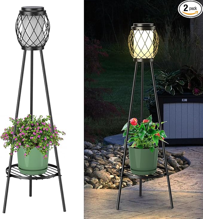 MXwcy Solar Lights Outdoor with Plant Stands 2 Pack, Solar Floor Lamp Metal Tripod Patio Lights for Garden Yard Pathway Driveway Front/Back Porch Decoration