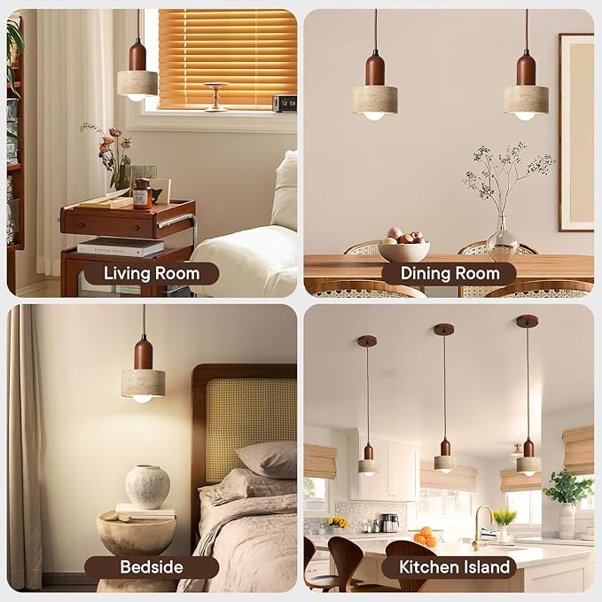 Natural Stone Pendant Light Set of 2, Wabi Sabi Travertine & Wood Hanging Lamp for Kitchen Island, Hallway, Bedroom, Dining Room Ceiling Decor (E26 Bulb, 4.9 in Stone Hat)