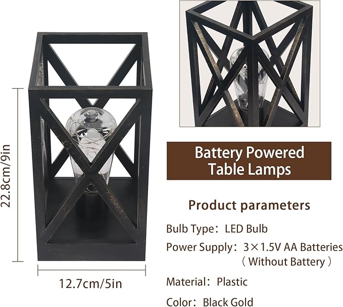 Cordless Table Lamp, 2 Pack Battery Operated Table Lamp, Portable Nightlight Lantern Decor for Outdoor Picnic Dining Room Bedroom Patio Backyard (Black & Gold Finish )