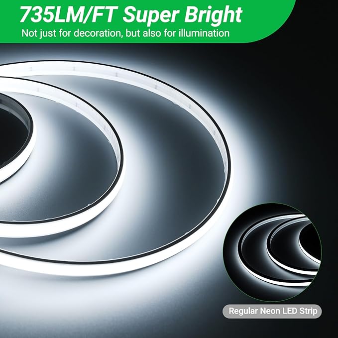 JOYLIT 2nd Gen Super Bright Neon LED Strip Lights 24V 16.4FT Cool White Outdoor Waterproof, CE UL PRO 735LM/FT 5.8W/FT CRI 92+ 6000K Neon Rope Light for Yard, Pool (24V Transformer Not Included)
