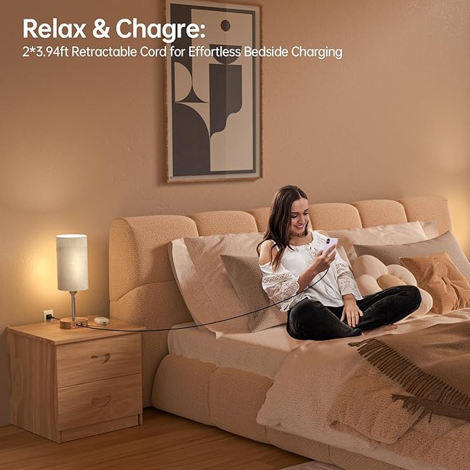 Bedside Table Lamps Set of 2, Desk Lamp with Charging Station 74W【2 * 3.94ft Retractable Cords & 2 USB Ports】, 3 Way Dimmable Touch Lamps for Nightstand (Grey-Wood Grain Set of 2)