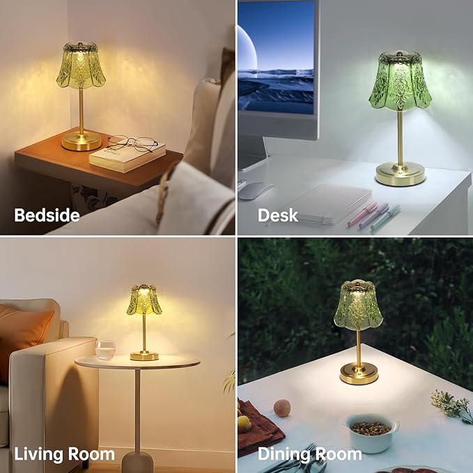 Cordless Touch Table Lamp with 5200mAh Battery - 3 Adjustable Color Temperatures & Dimmable, Rechargeable Desk Lamp for Bedroom, Living Room, Office, Entryway, Bookshelves (Green Rose)