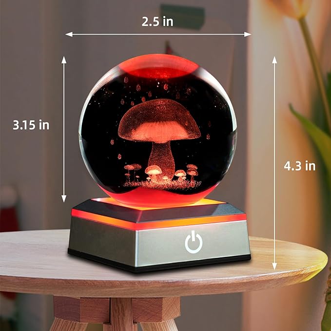 3D Mushroom Crystal Ball Night Light 3.15 inch Glass Ball Table Lamp with Color Changing Touch Base Mushroom Decor Ideal Gifts for Friends Kids Christmas Birthday