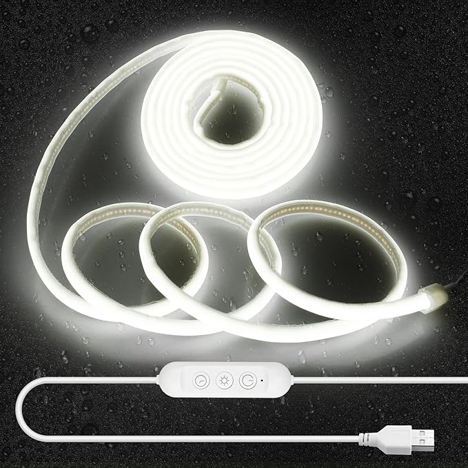 Aclorol 5V COB LED Strip 10FT 960 LEDs Dimmable Waterproof LED Strip Lights with Self-Adhesive for Kitchen Cabinet Bathroom Mirror Vanity Display Case 3D Printer Lighting Cold White 6000K CRI90+